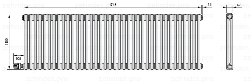 Схема (чертеж) Радиатор Zehnder Charleston 2110/38 №V003 Белый глянцевый RAL 9016